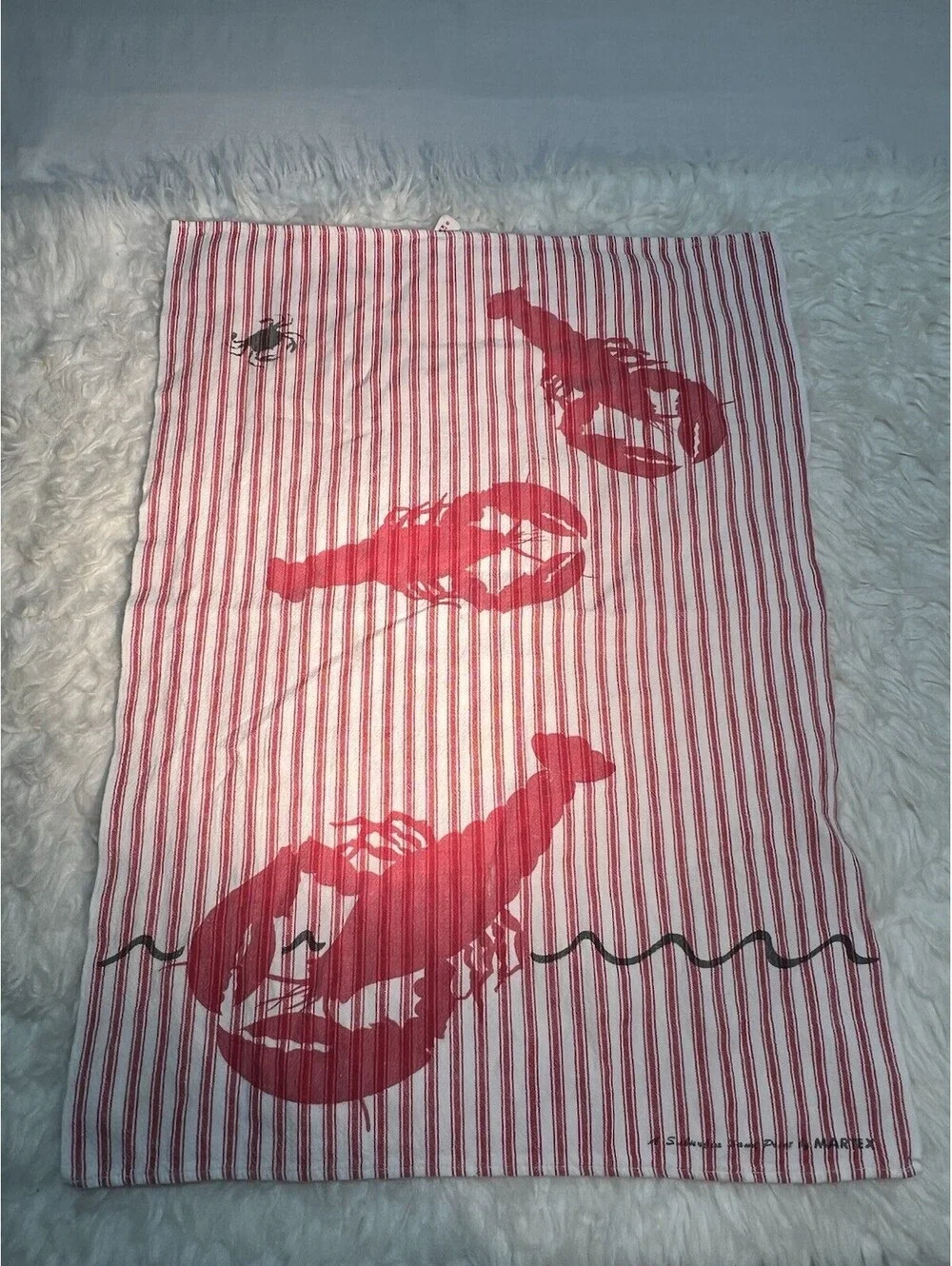 Vintage Martex Lobster Print Tea Towel, Red & White Striped